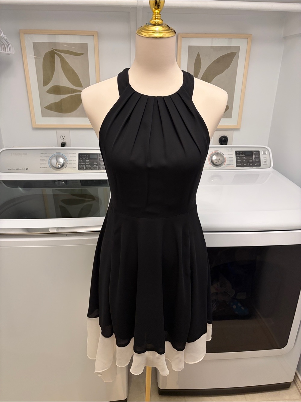 Express Black Halter Fit-and-Flare Dress with White Tiered Hem